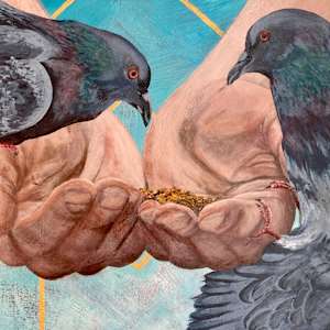 Kindness by Lindsey Veil  Image: Detail of top panel. Hands are feeding pigeons, who are considered the “peasants” of birds. Every living thing matters.