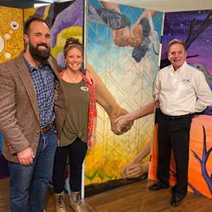 Kindness by Lindsey Veil  Image: Artist and husband with the mayor of Hickory, NC, at the ribbon cutting at the Hickory Museum of Art.