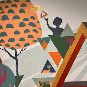 Mural at Christ Covenant Church in Atlanta by Lindsey Veil  Image: Detail of right section. The triangles are painted with Gold, Silver, and Copper paint. The birds are also painted with gold.