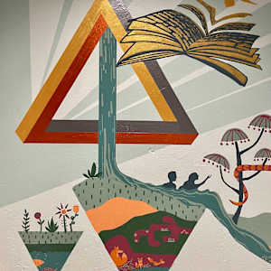 Mural at Christ Covenant Church in Atlanta by Lindsey Veil  Image: The mural comes to life in the lighting! Different parts are illuminated as you walk down the hallway!