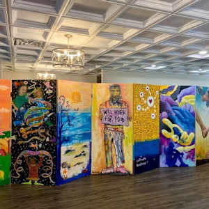 Kindness by Lindsey Veil  Image: One side of the Kindness Mural at the Hickory Museum of Art in Hickory, NC. Each panel was painted by a different and well known local artist who was personally selected to participate.