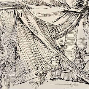 African Tent  Camp Original India Ink Drawing by Marie Louise Bosin, MA, Image 1.