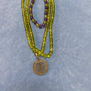 Amethyst and Peridot Mala with Shree Yantra and bracelet Handmade by Artist by Marie Louise Bosin, MA, Image 1.
