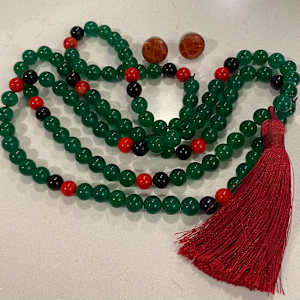 Dark Jade and Coral mala, bracele and earrings from Personal Collection, Handmade by artist by Marie Louise Bosin, MA, Image 1.