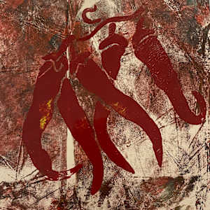Red Chili Ristra in a field of red chilis Original Acrylic Gelli Plate Print by Marie Louise Bosin, MA, Image 1.