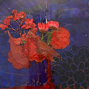 Mandala against a sunrise with dried flowers Original Acrylic image by Marie Louise Bosin, MA, Image 1.