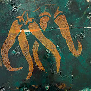 Orange Chili Ristra on a Dark Green Wall Original Acrylic Gelli Plate Print by Marie Louise Bosin, MA, Image 1.