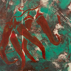 Red Ristras on an Old Green Wall Original Acrylic Gelli Plate Print by Marie Louise Bosin, MA, Image 1.