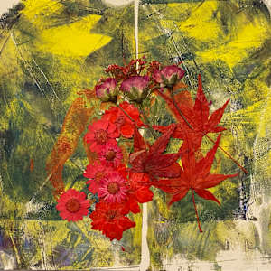 Bouquet of red flowers on a yellow and gray wall by Marie Louise Bosin, MA, Image 1.