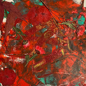 Holiday green and red acrylic and flowers Original Gelli Plate Print by Marie Louise Bosin, MA, Image 1.