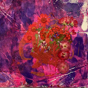 Pink bucket of flowers on a purple wall Original Gelli Plate Print by Marie Louise Bosin, MA, Image 1.