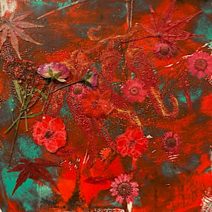 Red Flowers on the forest floor Original Gelli Plate Print by Marie Louise Bosin, MA, Image 1.