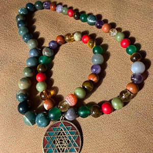 55 8 and 10 mm beads mala with various gemstones and a shree yantra medalion by Marie Louise Bosin, MA, Image 1.