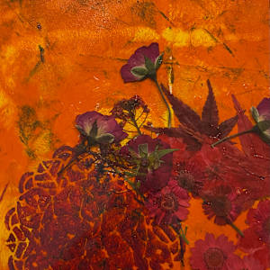 Mandala with dried flowers near orange wall Original Acrylic image by Marie Louise Bosin, MA, Image 1.
