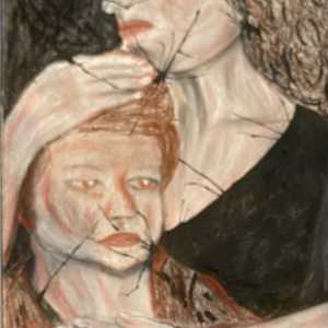 Sneering Mother with very sad child Original Chalk Drawing by Marie Louise Bosin, MA, Image 1.