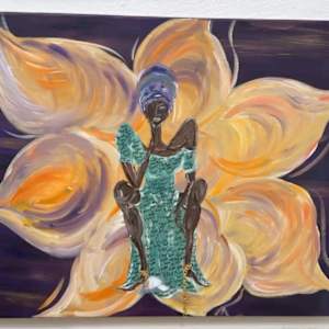 Rest by Yolanda Patton  Image: Resting, what we as woman are doing.  We as black women have a natural instinct to participate, support, work through, create, initiate, cover for, stand in and stand up, but this time we will allow our mind body and soul to REST. 
This does not mean we aren't going to pay attention, conversate or even form an opinion.  It just means that we will not be taking over or simply handling the situation as we typically would.  Please read the painting, feel yourself with in the words, curves and lines of this painting.  It is for you and for you to find your strength in letting go just for a minute.  Try a bit of self care and self LOVE.  