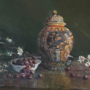 Covered Jar and Red Grapes by Shauna Shane, Image 1.
