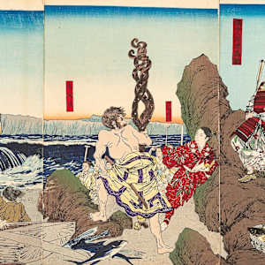 Minamoto Tametomo staring at the ocean with its incoming fleet of ships by KOBAYASHI KIYOCHIKA, Image 1.