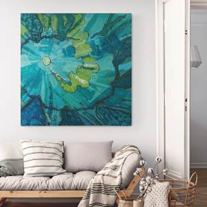 Circle Of Friends - Teal by Tony Hyden  Image: abstract acrylic painting on canvas of people holding hands in a circle from worms-eye-view in hues of teal and green in a modern living room setting