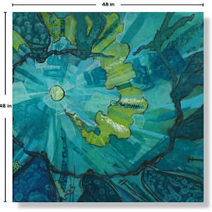 Circle Of Friends - Teal by Tony Hyden  Image: abstract acrylic painting on canvas of people holding hands in a circle from worms-eye-view in hues of teal and green with dimensions indicated on the sides of the painting