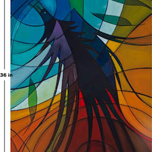 The Mighty Grackle by Tony Hyden  Image: fine art painting depicting an abstract grackle bird with it's dimensions indicated on the sides of the painting