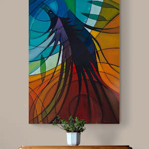 The Mighty Grackle by Tony Hyden  Image: fine art painting depicting an abstract grackle bird hanging on a bedroom wall