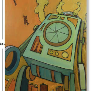 Retro Runaway Robot by Tony Hyden  Image: painting of a giant robot with fighter jets overhead and dimensions indicated on the sides of the painting