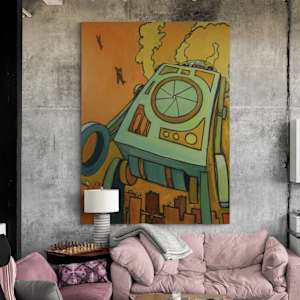 Retro Runaway Robot by Tony Hyden  Image: large scale painting on canvas of a giant robot with fighter jets overhead in a contemporary living room setting