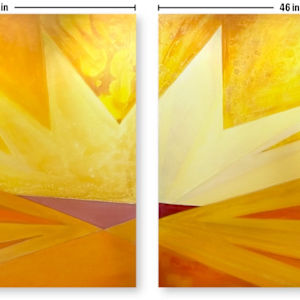 Sunrise Kitty Diptych by Tony Hyden  Image: oversized acrylic diptych painting on canvas of a stylized cat's face with graphics showing the dimensions
