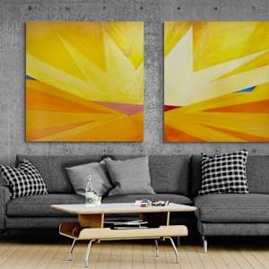 Sunrise Kitty Diptych by Tony Hyden  Image: modern space with oversized diptych painting of a stylized cat's face
