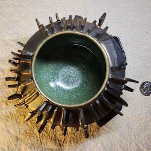 Small Assemblage Vessel II by Tony Hyden  Image: contemporary ceramic sculptural vessel glazed bronze - top view