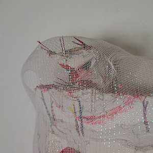 New Cherry Bomb by Lisa Petsu  Image: Detail of stuffed painting with bobby pins, modeling paste and mesh veil fabric.