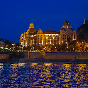 Historic Hotel Gellért and the Liberty Bridge in Budapest, Hungary, at dusk. by David Whited