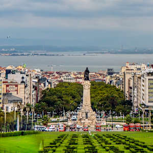 Eduardo VII Park in Lisbon, Portugal, looking down towards the city center and the Tagus River estuary. by David Whited
