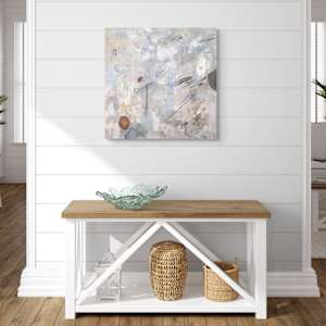 "Beach Dreams #1" by Steven McHugh  Image: Interior displayed view of "Beach Dream #1," it captures the ethereal beauty of the Apostle Islands through a harmonious blend of textures and colors. As a mixed-media, non-representational abstract piece, it invites endless interpretation, evoking the serene essence of Lake Superior's shores. Perfect for adding a touch of tranquility to any space, this artwork reflects the unique interplay of nature and creativity that defines my practice. Immerse yourself in the calming vistas of Madeline Island, each piece tells a story of artistic exploration and island-inspired wonder.

Painting is on unstrecthed canvas and is shipped rolled in a cardboard tube and includes strecther bars.  Shipping is included.

"Beach Dreams #1" is a  mixed-media abstract composition featuring a soft, muted background dominated by shades of beige, white, and light blue, creating an ethereal and textured surface. Various delicate lines and small shapes are scattered across the canvas, including thin black strokes, light pastel blue streaks, and faint circular forms. Two more prominent shapes stand out: an earthy reddish-brown oval near the lower left corner (beach rocks) and a darker, partially obscured gray-blue shape below it. The brushwork and layering give the painting a sense of depth and movement, with a harmonious blend of organic and geometric elements creating a contemplative, almost dreamlike atmosphere. Measuring 24" x 24" oil, grease pencil, pastel and graphite on canvas.