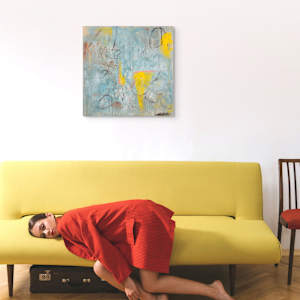 "Day Dreams #1" by Steven McHugh  Image: Interior installation  view of "Day dreams #1," is a captivating piece that embodies the serene essence of Madeline Island's natural beauty. Painted with a unique focus on mixed-media non-representational abstract techniques, this work invites you to explore a world beyond realism, evoking a deep sense of tranquility and imagination. As a creation of Steve McHugh, it symbolizes the seamless blend of profound artistry and a connection to the vibrant surroundings of the Apostle Islands in Lake Superior, WI. Ideal for those seeking an evocative addition to their art collection, "Day dreams #1" is more than just a painting; it's an invitation to dream.

Unstretched canvas is a combination of acrylic raw canvas staining, mark making with pastels, grease pencils and graphite measuring 24" x 24".  Shipped with stretching bars and canvas, shipping included.

"Day Dream #1" is an mixed media abstract painting featuring a predominantly muted blue-gray background with textured layers that create depth and complexity. Bright yellow patches stand out in contrast, located in the upper left corner, center, and right side of the canvas. Thin, curved black lines are scattered throughout, forming loose, undefined shapes that add a sense of movement and spontaneity. There are also subtle hints of pink and white intermixed within the composition, enhancing the visual interest and softening the overall palette. The painting has an expressive, spontaneous feel, with visible brushstrokes and drips that contribute to its dynamic character.