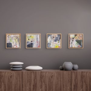 "Deconstructed #5" by Steven McHugh  Image: Group view of  of "Deconstructed " series,  a small original mixed media collage painting by Madeline Island artist Steve McHugh. This unique piece is constructed of layers of canvas, cardboard on wood panel with oil, cold wax, spray paint, graphite, and crayon. Measuring at 8" x 8" and framed in a natural wood finished gallery floating frame, this artwork is a stunning addition to any art collection. The signature red thumbprint in the lower right corner adds a personal touch to this captivating piece. Bring a touch of modern art to your home with "Deconstructed #5".

The artwork is an abstract painting that contains a mix of colors and textures applied on a canvas and enclosed within a wooden frame. The painting features various elements and materials, including multiple splatters of paint, reminiscent of the Jackson Pollock style. 

Prominent colors include yellow, black, grey, and blue, with some red and white highlights. There are splatter effects and brushstrokes creating a sense of movement and randomness. To the left, there are black and white, patterned circular shapes arranged vertically. Below them, there's a section with horizontal black and white stripes. The background seems layered, with off-white, grey, and muted blue tones blending together.

This abstract composition evokes a sense of spontaneity and dynamic energy, with a rich interplay of colors and textures.

Shipping costs and sales tax will be added after destination is determined.