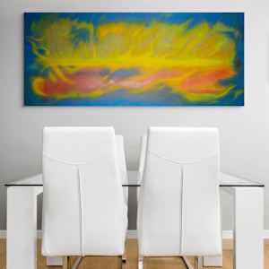 "Northern Lights #2" by Steven McHugh  Image: Dinning room view of "Northern Lights#2". Experience the captivating energy of the Northern Lights with "Northern Lights #2," a bold vibrant abstract depicting the Northern Lights over Madeline Island. Created using mixed media or crayon, poured oil paint and brush work on canvas, this striking piece by Madeline Island artist Steve McHugh measures 36" x 84" and makes a dynamic center piece for a home or office. The intricate textures and lively hues capture the natural beauty of the Northern Lights, inviting viewers to immerse themselves in its mesmerizing allure. Unframed for a modern touch, "Northern Lights #2" is a testament to the artistry and vision of Steve McHugh. Add this extraordinary work to your space and enjoy the harmony of nature and creativity.

"While watching the night skys, your skin can feel the vibrations of the moving colors, such a sight to see."

The artwork is an abstract painting features vibrant colors that blend and flow together. Dominated by shades of yellow, green, and orange, it creates the impression of dynamic movement, reminiscent of flames or waves. The use of blue provides a contrasting backdrop that enhances the vividness of the warm colors. The overall effect is energetic and fluid, capturing attention with its bold and expressive composition.

Shipping and sales tax is determined after destination is figured out.  Please email with questions.