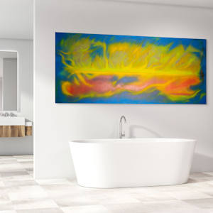"Northern Lights #2" by Steven McHugh  Image: Room view. Experience the captivating energy of the Northern Lights with "Northern Lights #2," a bold vibrant abstract depicting the Northern Lights over Madeline Island. Created using mixed media or crayon, poured oil paint and brush work on canvas, this striking piece by Madeline Island artist Steve McHugh measures 36" x 84" and makes a dynamic center piece for a home or office. The intricate textures and lively hues capture the natural beauty of the Northern Lights, inviting viewers to immerse themselves in its mesmerizing allure. Unframed for a modern touch, "Northern Lights #2" is a testament to the artistry and vision of Steve McHugh. Add this extraordinary work to your space and enjoy the harmony of nature and creativity.

"While watching the night skys, your skin can feel the vibrations of the moving colors, such a sight to see."

The artwork is an abstract painting features vibrant colors that blend and flow together. Dominated by shades of yellow, green, and orange, it creates the impression of dynamic movement, reminiscent of flames or waves. The use of blue provides a contrasting backdrop that enhances the vividness of the warm colors. The overall effect is energetic and fluid, capturing attention with its bold and expressive composition.

Shipping and sales tax is determined after destination is figured out.  Please email with questions.