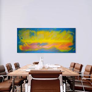 "Northern Lights #2" by Steven McHugh  Image: Office view, experience the captivating energy of the Northern Lights with "Northern Lights #2," a bold vibrant abstract depicting the Northern Lights over Madeline Island. Created using mixed media or crayon, poured oil paint and brush work on canvas, this striking piece by Madeline Island artist Steve McHugh measures 36" x 84" and makes a dynamic center piece for a home or office. The intricate textures and lively hues capture the natural beauty of the Northern Lights, inviting viewers to immerse themselves in its mesmerizing allure. Unframed for a modern touch, "Northern Lights #2" is a testament to the artistry and vision of Steve McHugh. Add this extraordinary work to your space and enjoy the harmony of nature and creativity.

"While watching the night skys, your skin can feel the vibrations of the moving colors, such a sight to see."

The artwork is an abstract painting features vibrant colors that blend and flow together. Dominated by shades of yellow, green, and orange, it creates the impression of dynamic movement, reminiscent of flames or waves. The use of blue provides a contrasting backdrop that enhances the vividness of the warm colors. The overall effect is energetic and fluid, capturing attention with its bold and expressive composition.

Shipping and sales tax is determined after destination is figured out.  Please email with questions.
