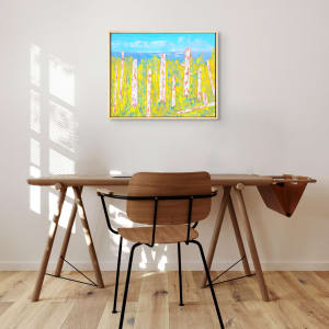 "The Lookouts" by Steven McHugh  Image: Room view of "The Lookouts,"  an original oil and cold wax painting that beautifully depicts the ancient trees along the edge of Big Bay Town Park and Lake Superior. This unique artwork by Madeline Island painter Steve McHugh captures the essence of the past forest with bold abstract colors and intricate details of the foliage and beach grasses. Measuring 16.75" x 20.75" x 2.5", this painting is a stunning portrayal of the old tree remains that stand as a reminder of history and natural beauty. "The Lookouts" would make a captivating addition to any art collection, bringing a touch of the serene and majestic outdoors to any space. If you're looking for a one-of-a-kind piece that evokes a sense of wonder and admiration, The Lookouts is sure to impress.

This vibrant painting featuring a colorful, abstract representation of nature. The piece predominantly uses yellow, green, blue, and white hues. The foreground showcases tall, vertical white tree trunks with red highlights, suggesting birch trees. The background includes a blend of yellow and green, signifying foliage or grass, and a sky rendered in varying shades of blue and light blue, signifying a bright and clear day. The use of bold, contrasting colors and textured brushstrokes creates a dynamic and lively scene.

Shipping and sales tax will be determined upon destination is determined.