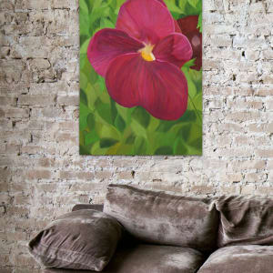 "Pansy #1" by Steven McHugh  Image: Room view of original abstract painting by Steven McHugh, oil, on canvas. .  Canvas is 46" x 34"and is 2.5" deep, unframed. "My wife and I were having breakfast on our deck and she pointed out how she loves pansy's so I just had to paint a few."