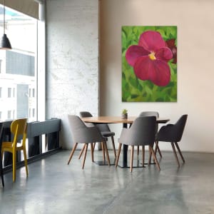 "Pansy #1" by Steven McHugh  Image: Room view of original abstract painting by Steven McHugh, oil, on canvas. .  Canvas is 46" x 34" and is 2.5" deep, unframed. "My wife and I were having breakfast on our deck and she pointed out how she loves pansy's so I just had to paint a few."