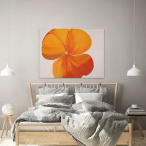 "Pansy #3" by Steven McHugh  Image: Room view. Introducing "Pansy #3," an original oil painting on canvas by the talented artist Steven McHugh. This beautiful abstract artwork features a vibrant orange color palette that captures the essence of a blooming pansy flower. Measuring 48" x 36" and 2.5" deep, this unframed canvas is a statement piece that will add a pop of color to any room. Steven McHugh was inspired to create this masterpiece during a relaxing breakfast with his wife, making it a truly special piece of art. Add "Pansy #3" to your collection today and enjoy its beauty for years to come.
