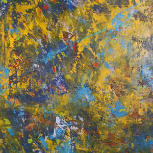 "Horizon" by Steven McHugh  Image: Detail view. "Horizon" is an original mixed media abstract oil painting by Stevenjohn McHugh that is sure to capture your attention. Measuring 46" x 36" and unframed, this stunning piece features a unique blend of oil stick, marker, oil, graphite, charcoal, and cold wax on a wood panel canvas. Signed on the back, "Horizon" is inspired by natural processes such as weather, time, cause and effect, and celebrates the beauty of a well-worn surface. With its bold colors and striking composition, this painting is a must-have for any collector or lover of abstract art.
