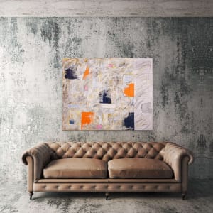 "Discord" by Steven McHugh  Image: Room setting with warm toned couch and cool gray walls. "Discord" by Steven McHugh - an original abstract painting that captures the beauty of a bold color, mark making and different surfaces. Created with mixed media, including crayon, charcoal, oil, cold wax, and graphite, this stunning piece is sure to elevate any space. Measuring 48" x 60" and 2.5" deep, the canvas is stretched with added canvas burlap and nylon fabrics glued to the canvas. Unframed, allowing you to showcase the intricate details of the painting. Add a touch of warmth and color to your home with "Discord" 