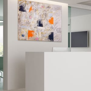 "Discord" by Steven McHugh  Image: Office setting of white needs points of interest.   "Discord" by Steven McHugh - an original abstract painting that captures the beauty of a bold color, mark making and different surfaces. Created with mixed media, including crayon, charcoal, oil, cold wax, and graphite, this stunning piece is sure to elevate any space. Measuring 48" x 60" and 2.5" deep, the canvas is stretched with added canvas burlap and nylon fabrics glued to the canvas. Unframed, allowing you to showcase the intricate details of the painting. Add a touch of warmth and color to your home or office with "Discord" 