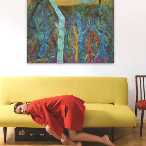 "The World I Live In" by Steven McHugh  Image: Home View. Experience the vibrant energy of "The World I Live In", a stunning original painting by abstract artist Steven McHugh. Measuring 36"x48", this colorful work of art is painted on oil paper, then carefully mounted onto a sturdy wood panel. The vivid, bold hues perfectly capture the spirit of the artist's home, bringing a piece of his world into yours. This unframed masterpiece is perfect for art collectors and enthusiasts alike. Add a touch of abstract beauty to your space with "The World I Live In".