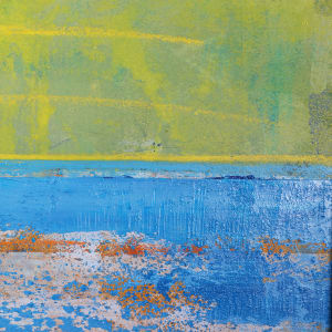 "MadIsland #5" by Steven McHugh  Image: Detail view, "MadIsland #5" is an exquisite original painting that will bring a touch of the ocean into your home or office. Created with oil stick, oil, beach sand, and cold wax, this piece has a unique texture that captures the essence of the beach. Measuring 19.5" x 15.5" and framed in a gallery floater frame, this painting is both elegant and modern. Hang it in any room to add a sense of calm and tranquility to your space. The varnished wood frame provides a sleek finish that complements the painting perfectly.