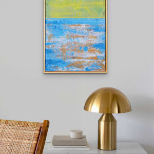 "MadIsland #5" by Steven McHugh  Image: Room view, "MadIsland #5" is an exquisite original painting that will bring a touch of the ocean into your home or office. Created with oil stick, oil, beach sand, and cold wax, this piece has a unique texture that captures the essence of the beach. Measuring 19.5" x 15.5" and framed in a gallery floater frame, this painting is both elegant and modern. Hang it in any room to add a sense of calm and tranquility to your space. The varnished wood frame provides a sleek finish that complements the painting perfectly.